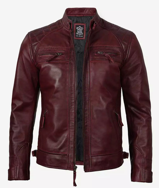 Men's Real Lambskin Leather Maroon Biker Jacket with Quilted Shoulders