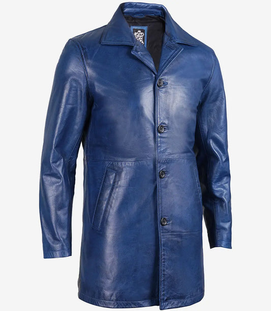 Men's Blue Waxed 3/4 Length Real Leather Car Coat