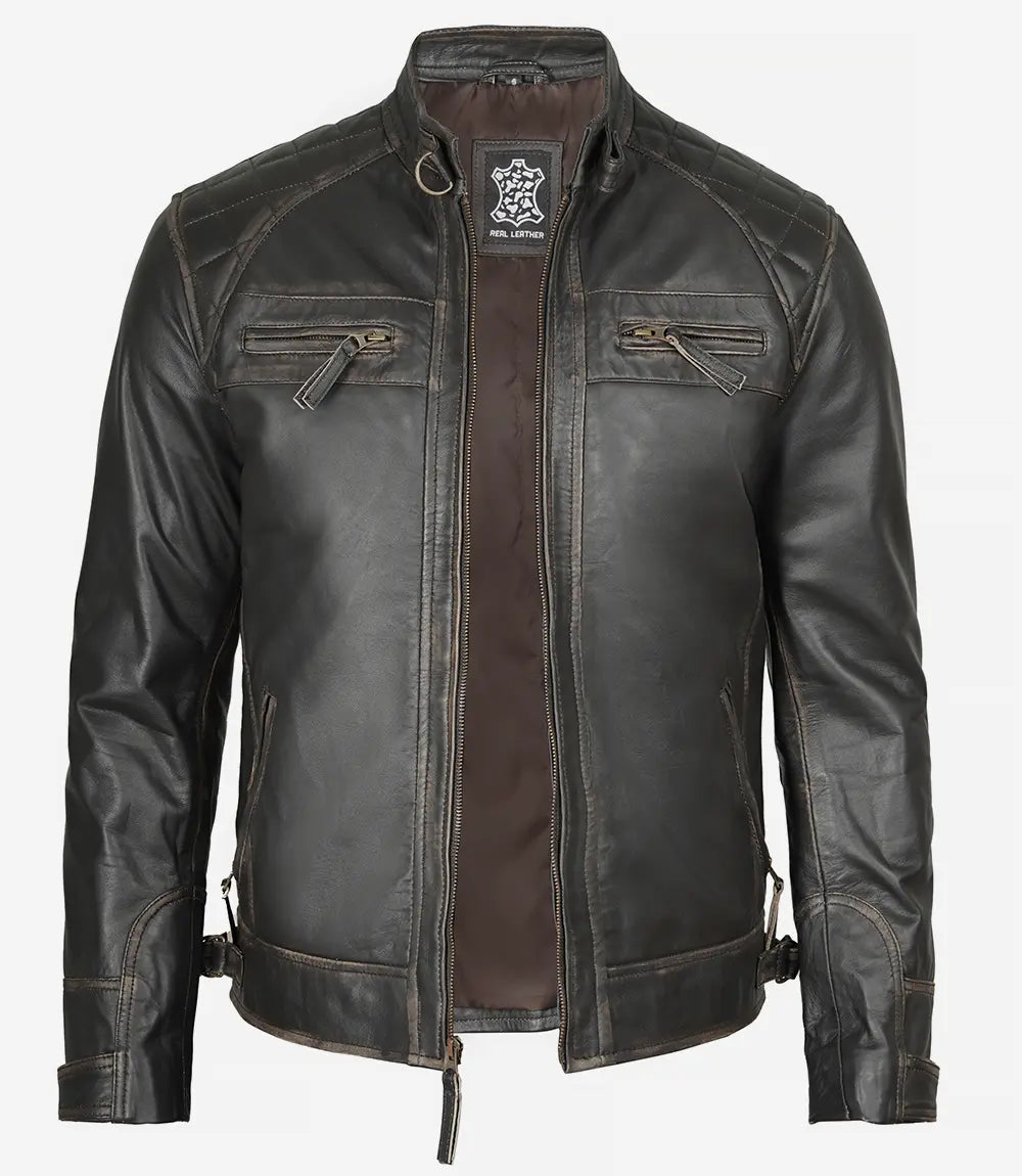 Men's Dark Brown Quilted Cafe Racer Leather Jacket