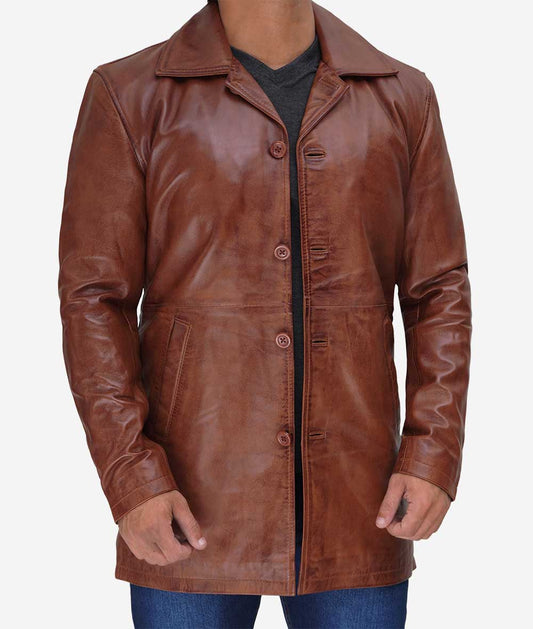 Men's Cognac Real Leather Car Coat