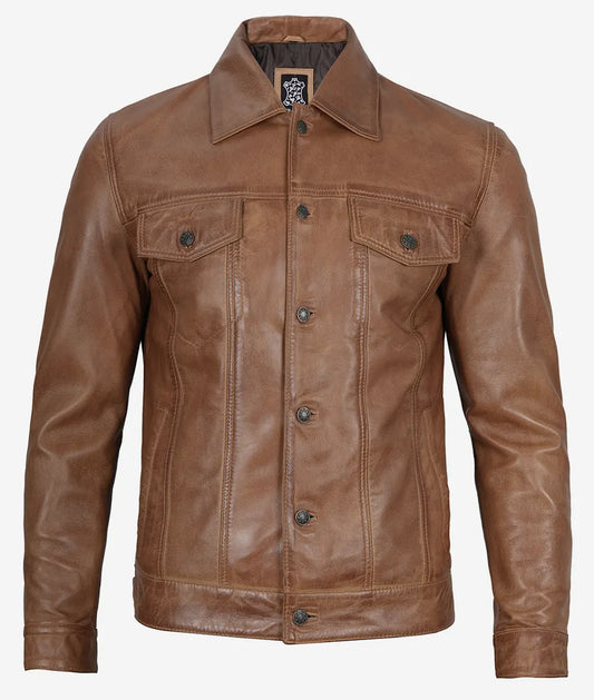 Men's Camel Brown Leather Trucker Jacket