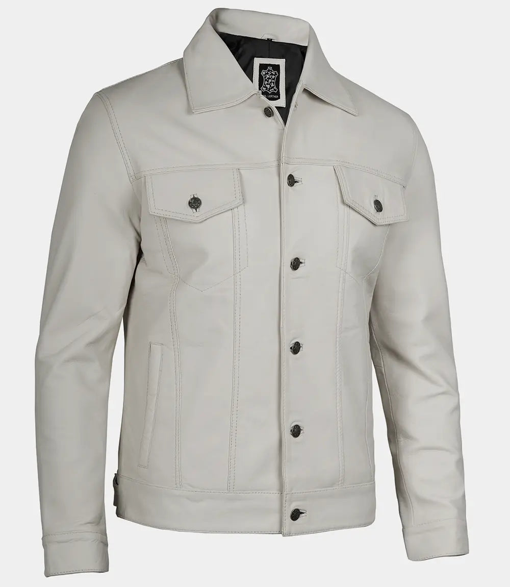 Men's Off White Four Pockets Real Leather Trucker Jacket