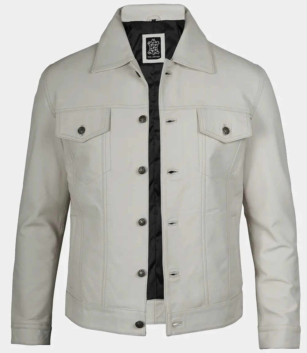 Men's Off White Four Pockets Real Leather Trucker Jacket