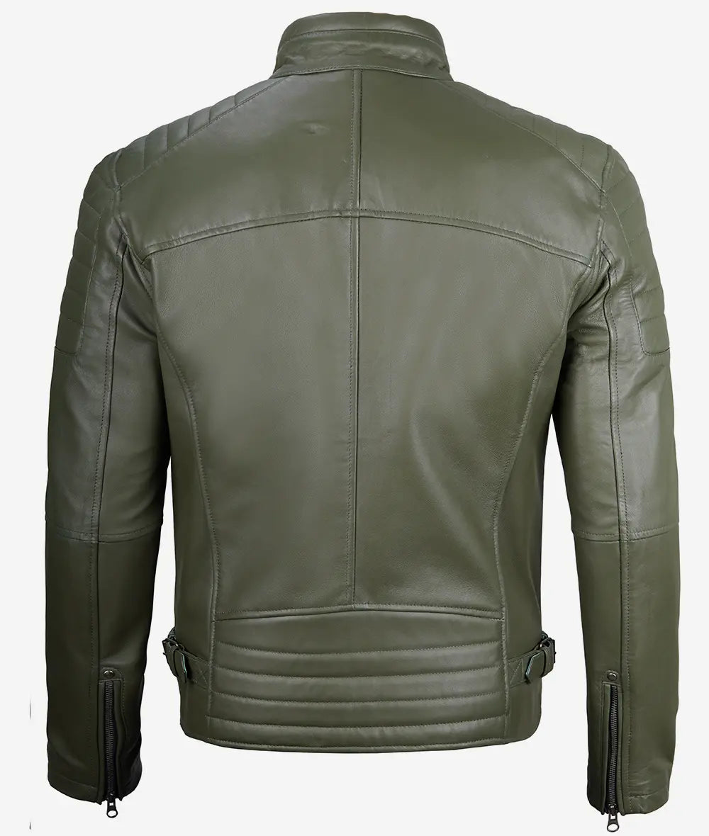 Men's Military Green Cafe Racer Leather Jacket