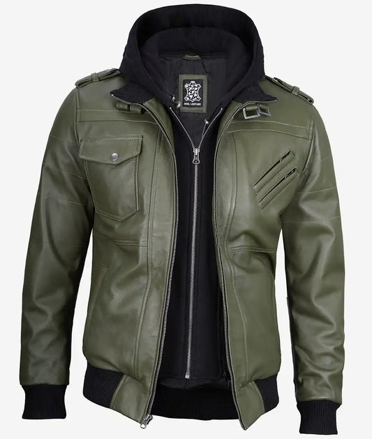 Men's Military Green Real Leather Bomber Jacket with Hood