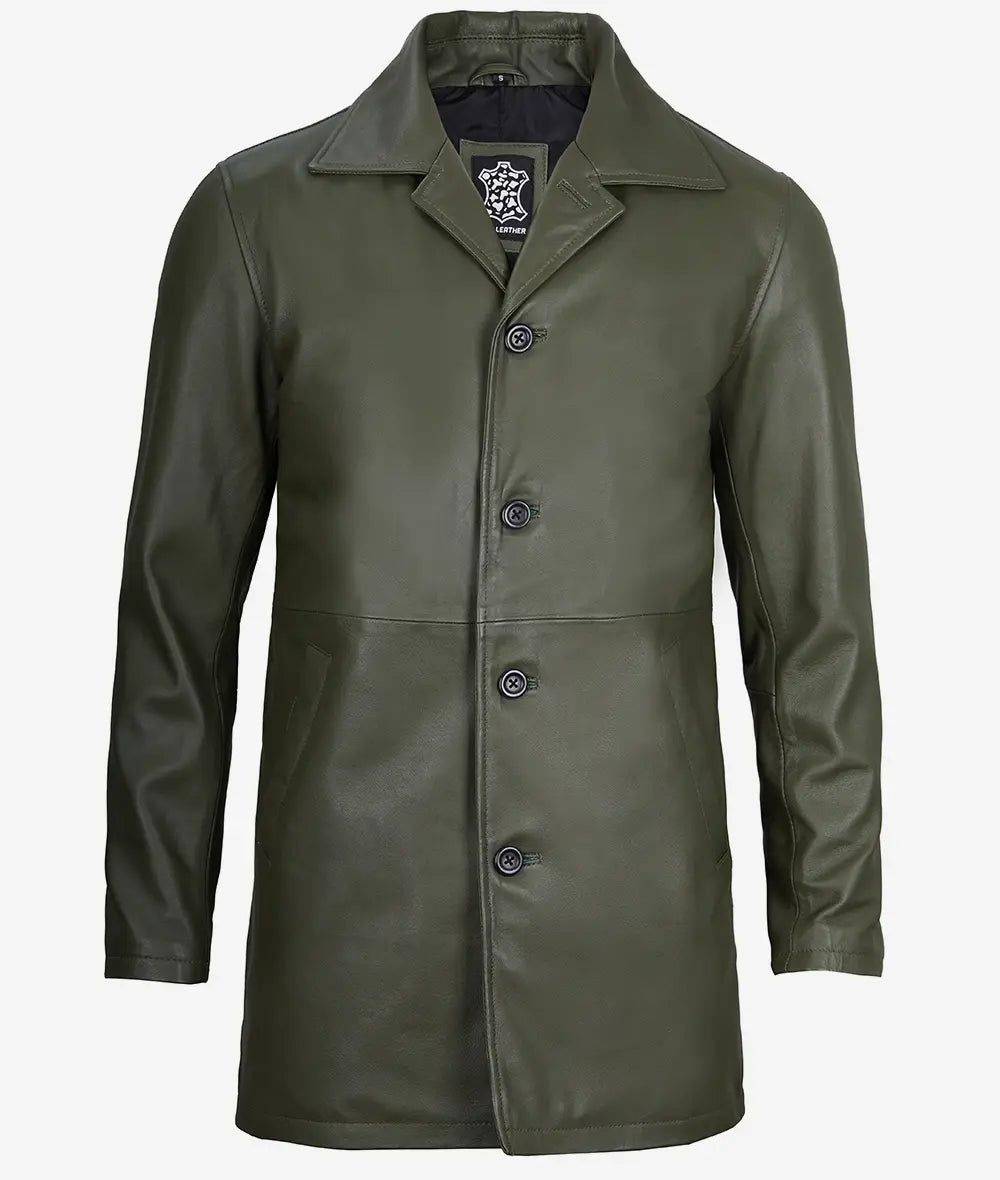 Men's Military Green 3/4 Length Real Leather Car Coat