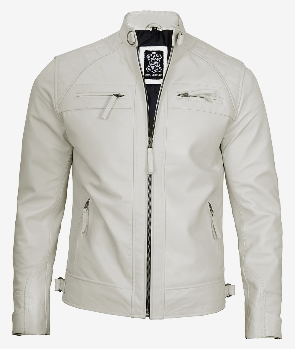 Men's Off White Quilted Shoulder Cafe Racer Leather Jacket