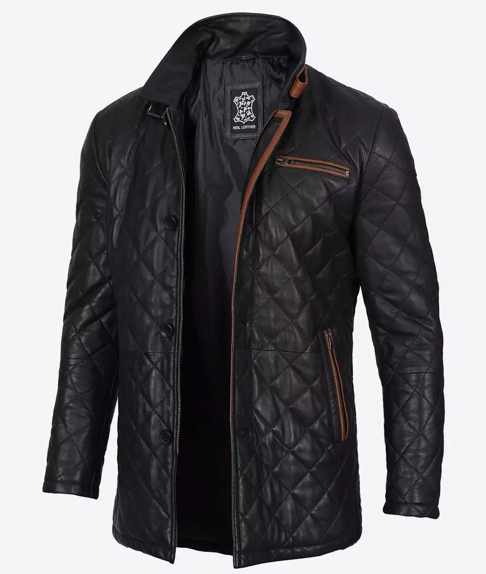 Men's Quilted Black Diamond Leather Car Coat - Brown Detailing