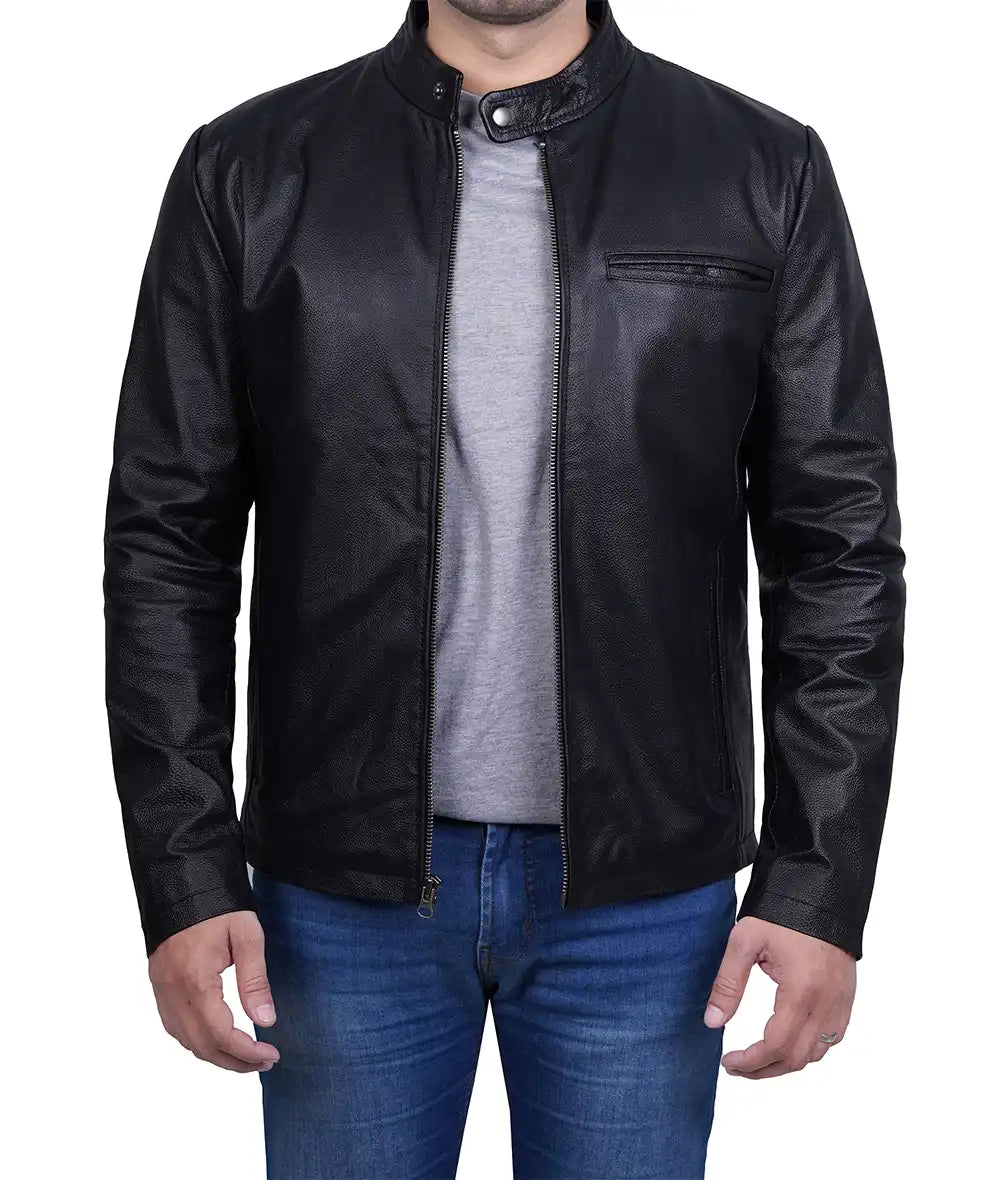 Men's Premium Black Cowhide Cafe Racer Leather Jacket