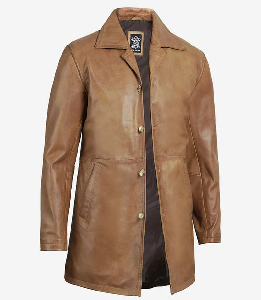 Men's Camel Brown Real Leather 3/4 Length Car Coat