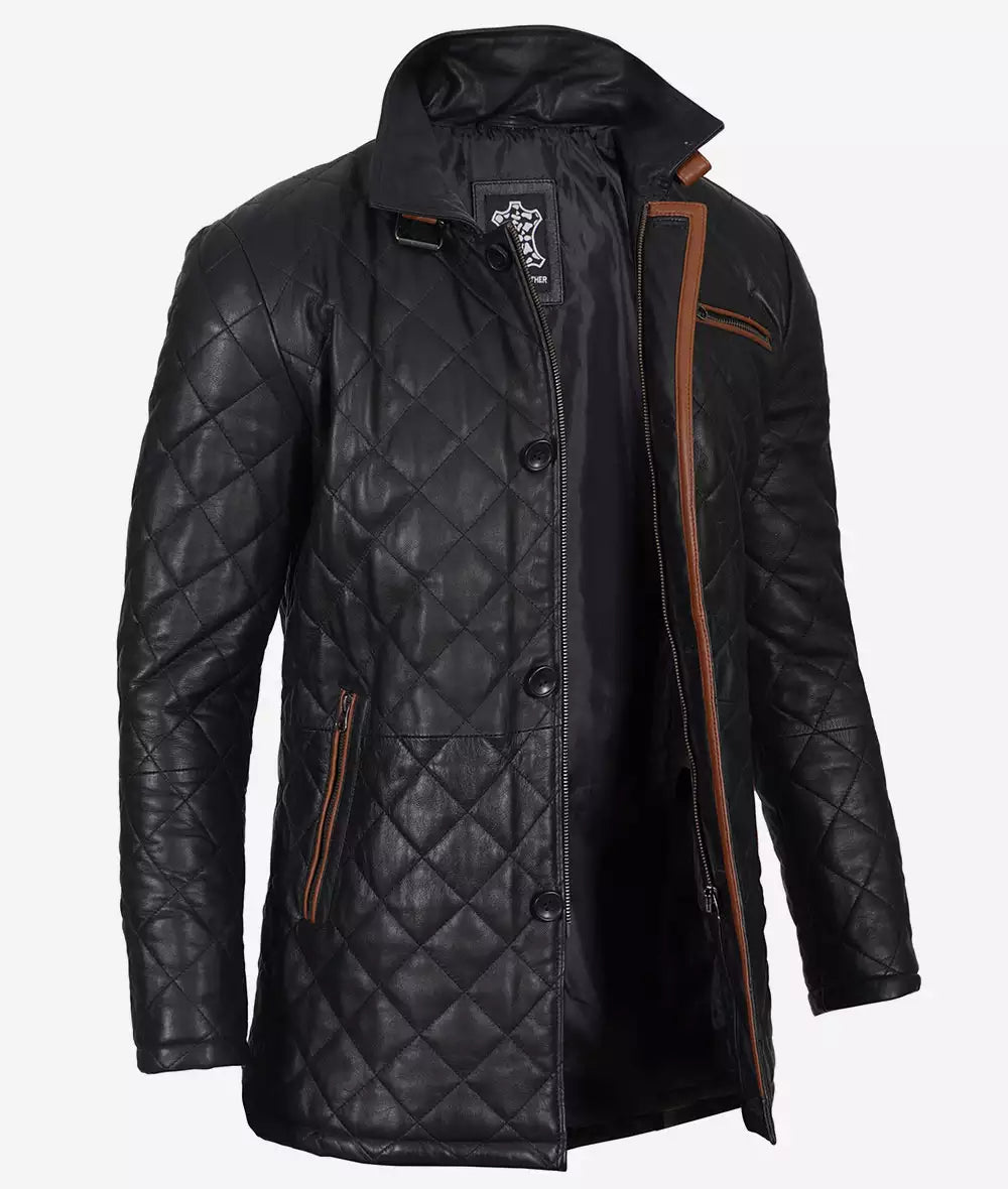 Men's Quilted Black Diamond Leather Car Coat - Brown Detailing