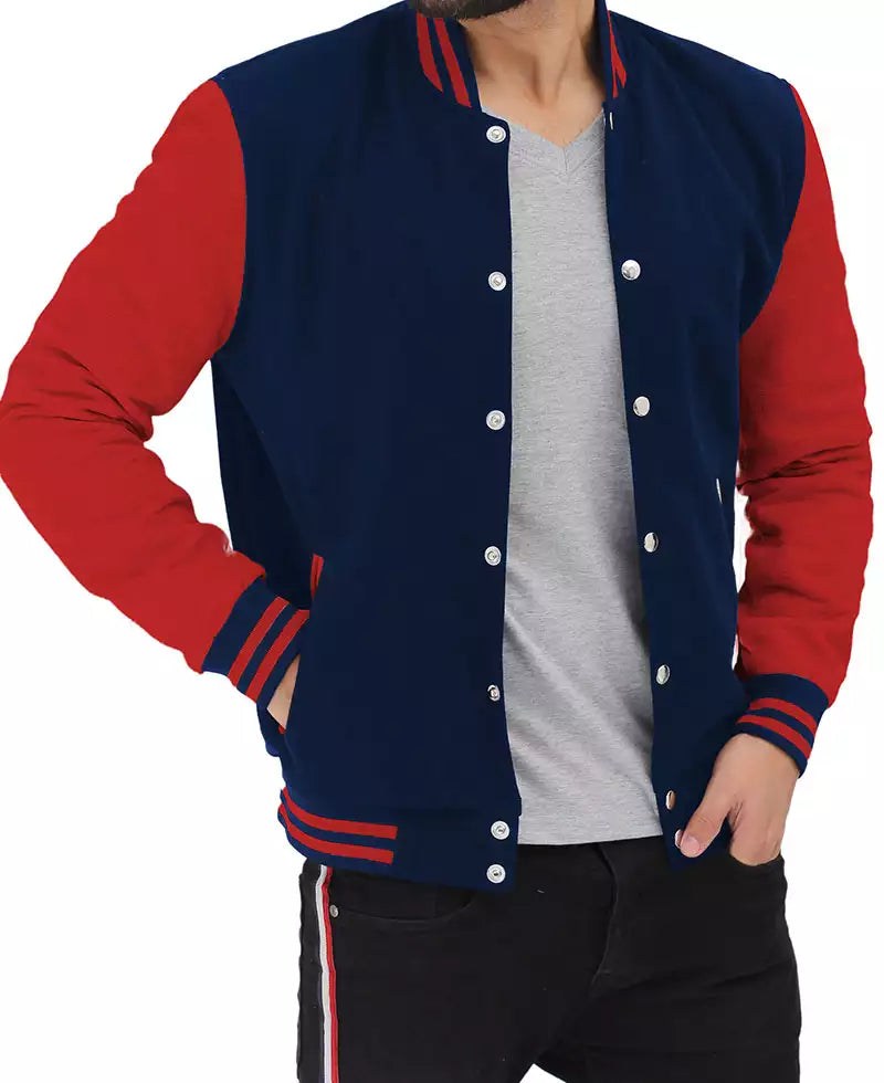 Men's Red and Navy Blue Varsity Jacket - Baseball-Style Jacket