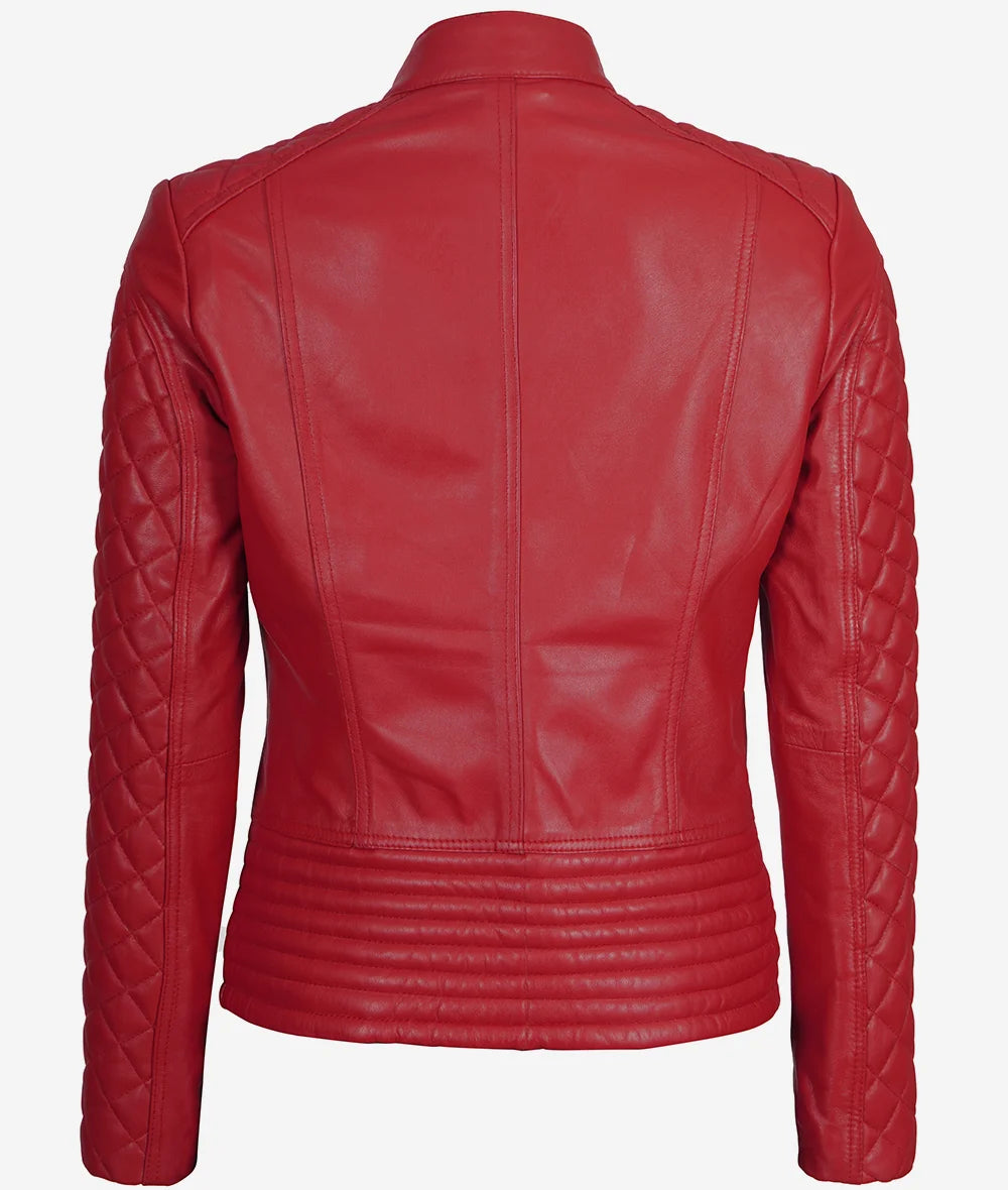 Women's Real Leather Red Quilted Cafe Racer Jacket