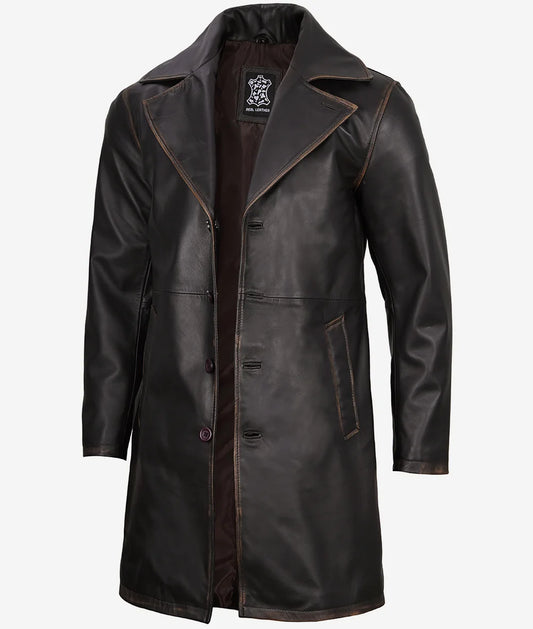 Men's Rub Off Brown 3/4 Length Real Leather Car Coat