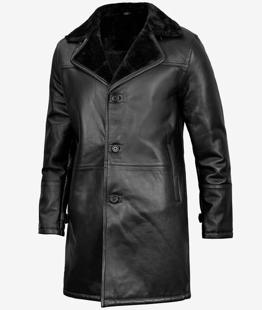 Men's Three-Quarter Black Shearling Leather Coat