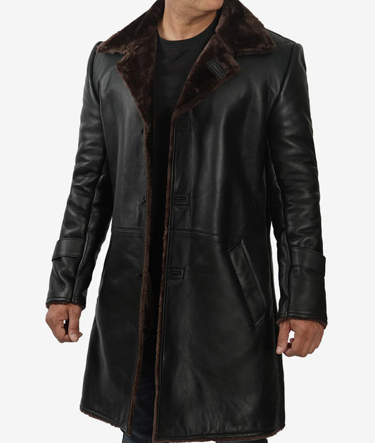 Men's Black Shearling 3/4 Length Winter Leather Coat