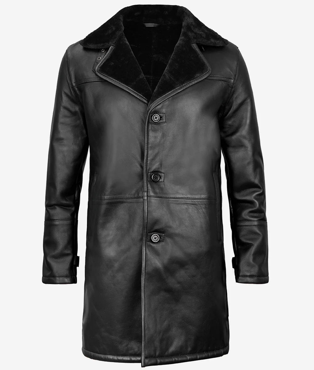 Men's Three-Quarter Black Shearling Leather Coat