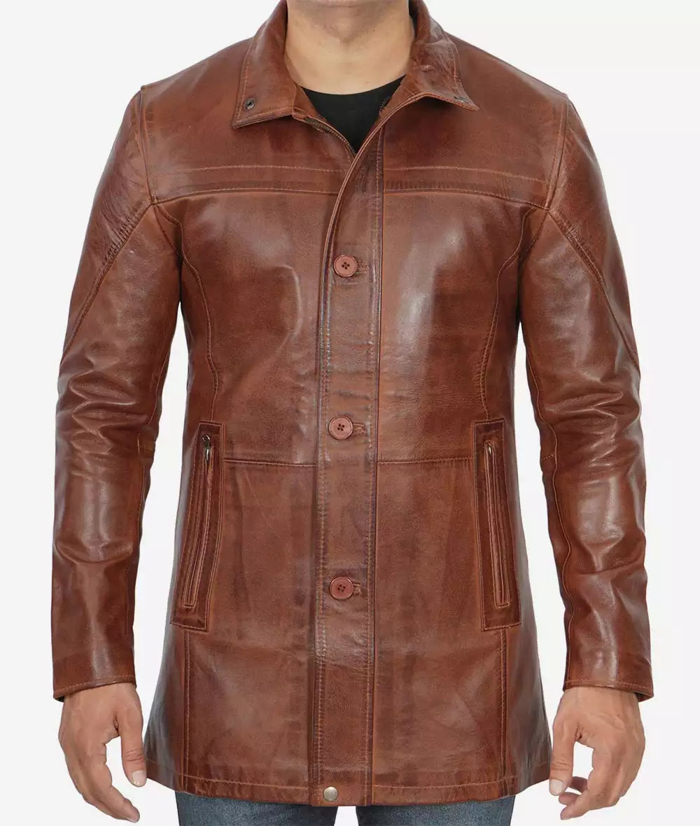 Men's Cognac Lambskin Real Leather Car Coat