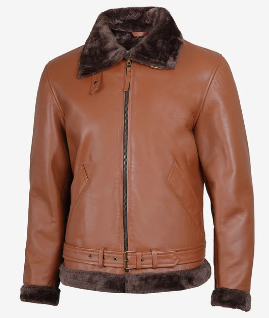 Men's Cognac Leather Shearling Bomber Jacket with Shearling Collar and Cuffs.