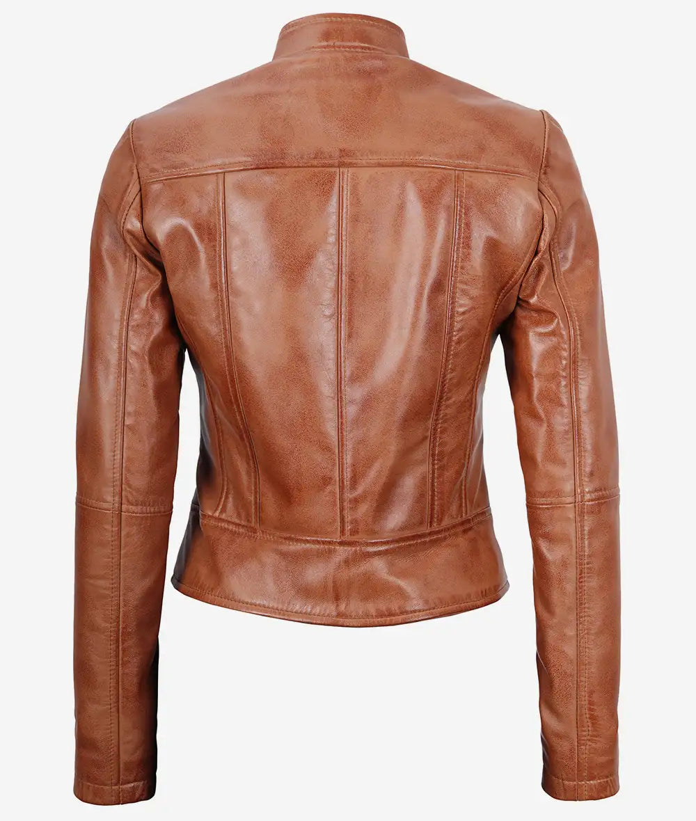 Women's Slim Fit Tan Waxed Biker Leather Jacket