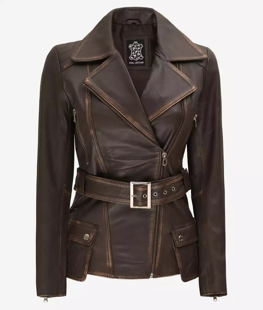 Women's Asymmetrical Rub Off Dark Brown Leather Belted Jacket