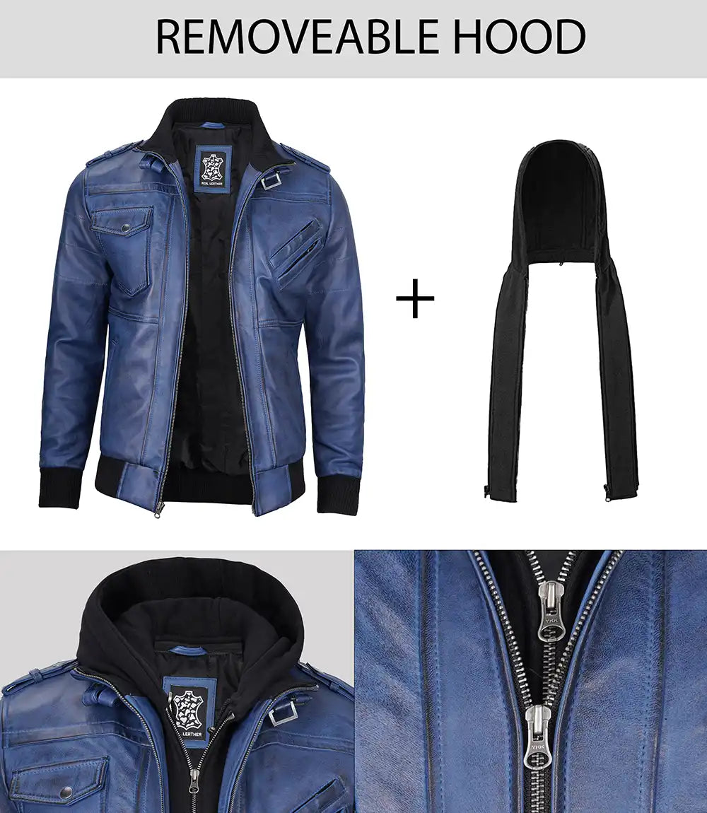 Men's Blue Wax Leather Bomber Jacket with Removable Hood