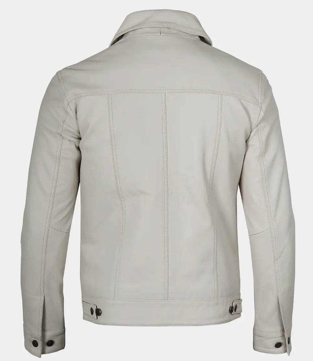 Men's Off White Four Pockets Real Leather Trucker Jacket