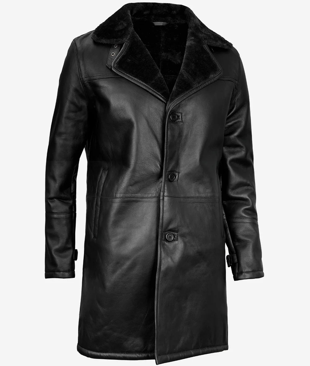 Men's Three-Quarter Black Shearling Leather Coat