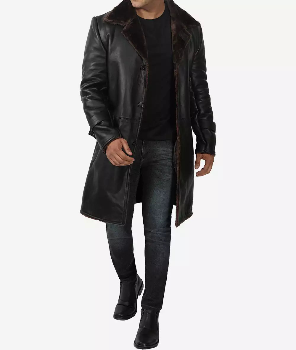 Men's Black Shearling 3/4 Length Winter Leather Coat