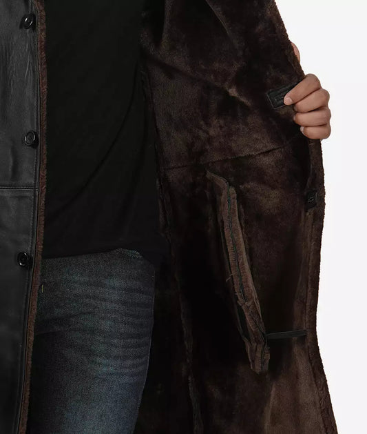 Men's Black 3/4 Length Shearling Coat - Winter Coat