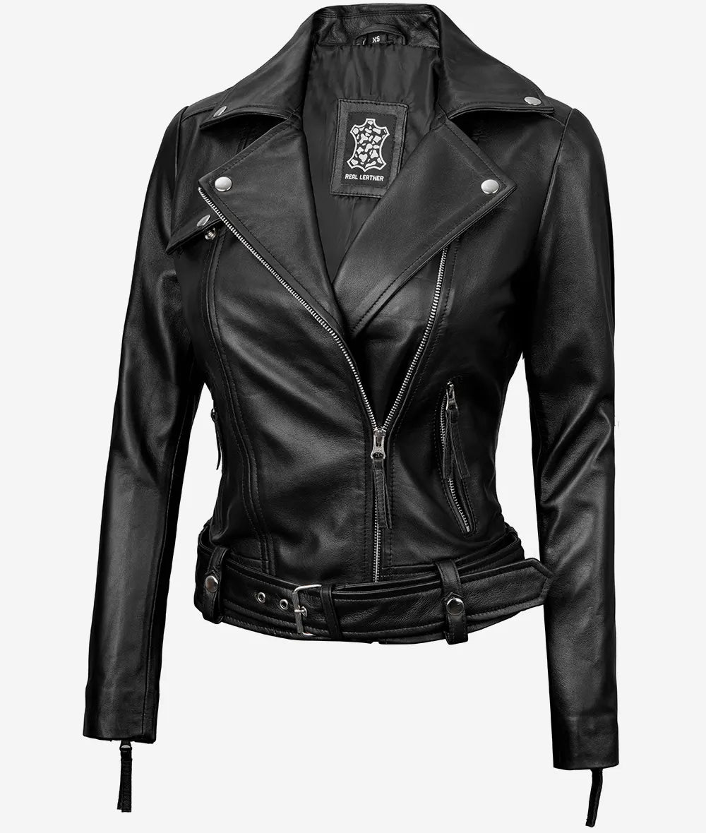 Women's Asymmetrical Black Leather Biker Jacket