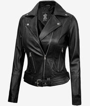 Women's Black Asymmetrical Belted Leather Moto Jacket