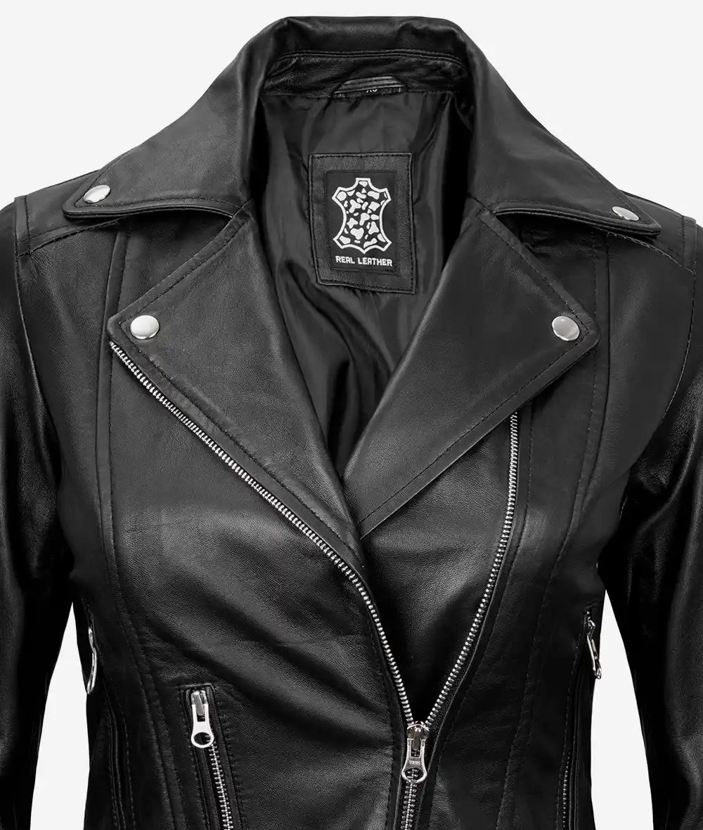 Women's Black Asymmetrical Belted Leather Moto Jacket