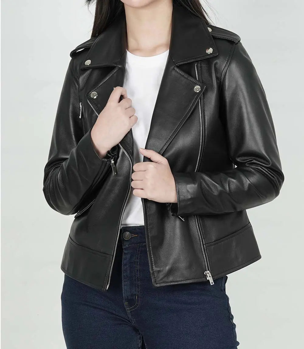 Amber Women's Black Leather Asymmetrical Moto Jacket