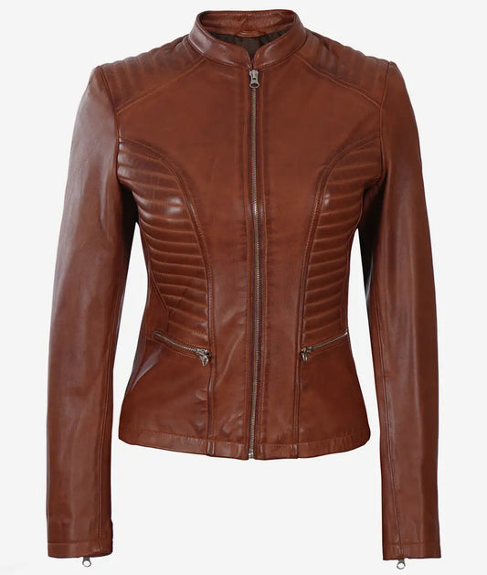 Women's Cognac Real Leather Slim Fit Biker Jacket