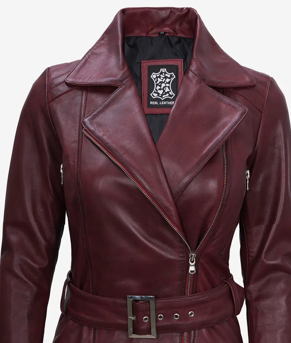 Women's Asymmetrical Maroon Belted Moto Leather Jacket