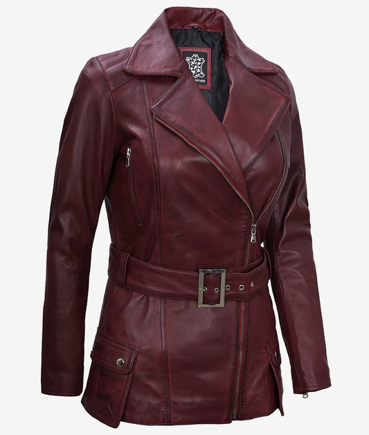 Women's Asymmetrical Maroon Belted Moto Leather Jacket