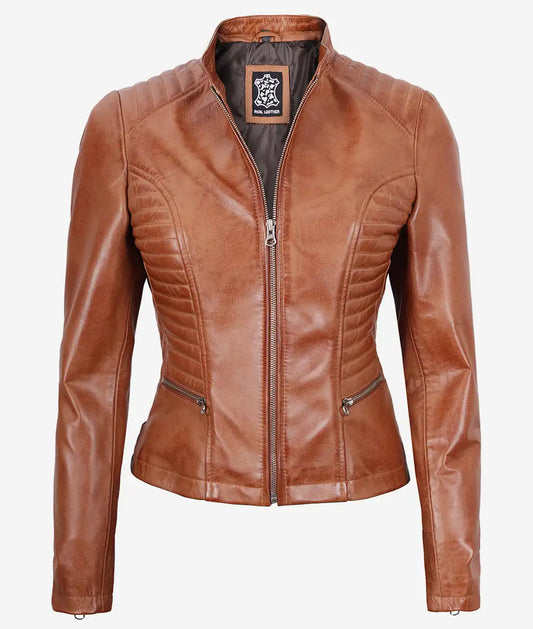 Women's Slim Fit Tan Brown Lambskin Leather Jacket