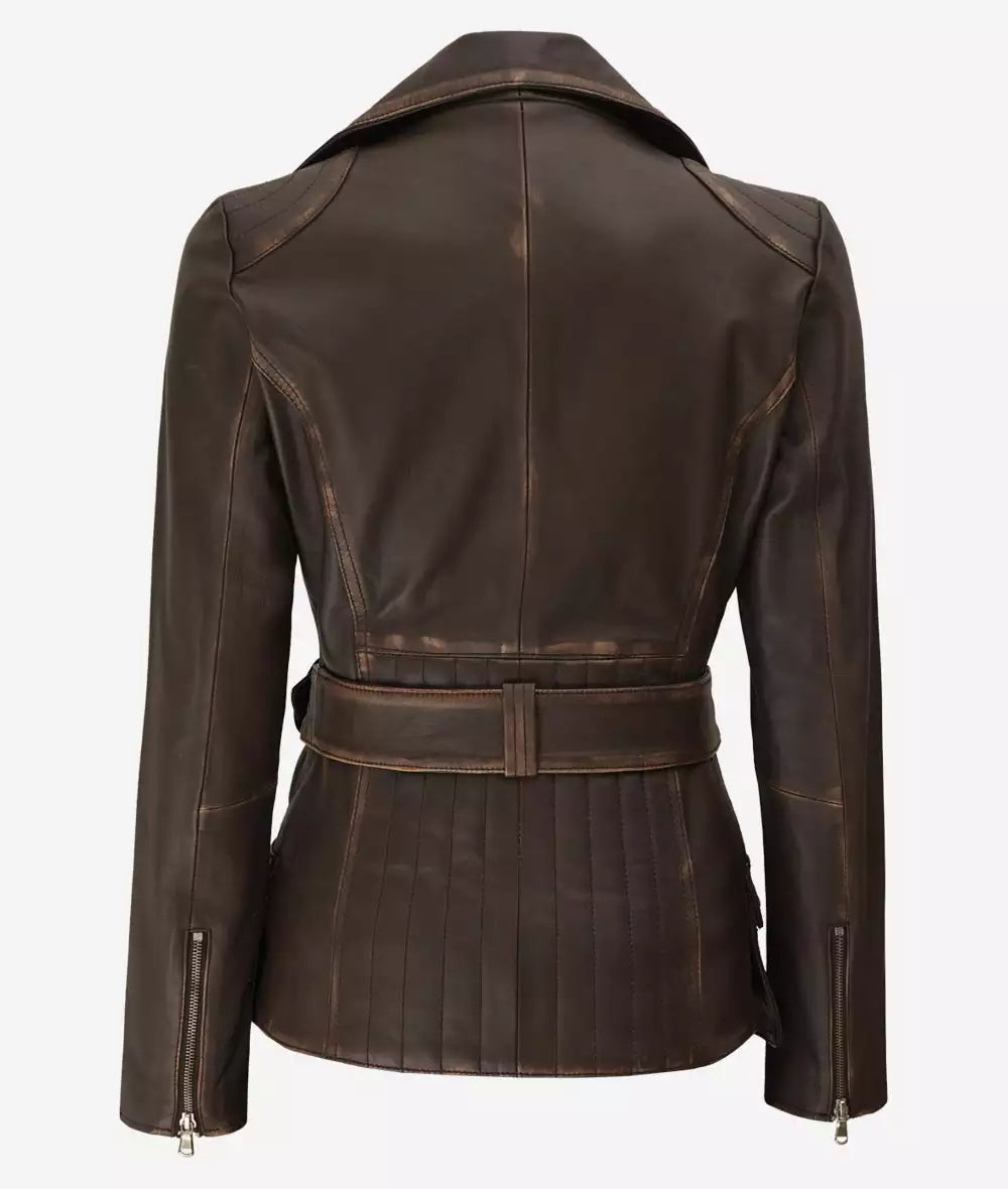 Women's Asymmetrical Rub Off Dark Brown Leather Belted Jacket