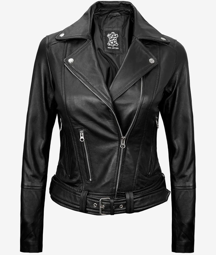 Women's Black Asymmetrical Belted Leather Moto Jacket