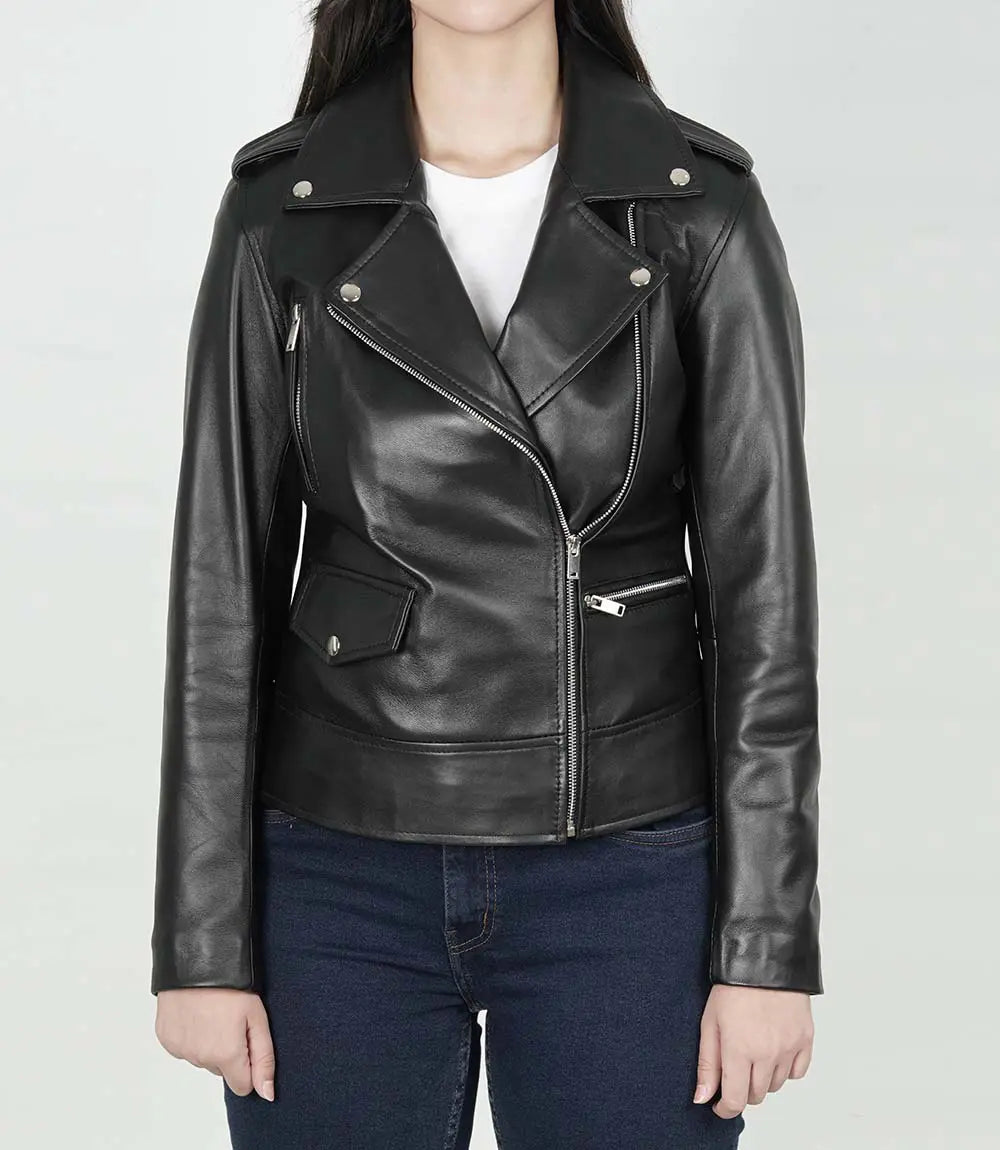 Amber Women's Black Leather Asymmetrical Moto Jacket