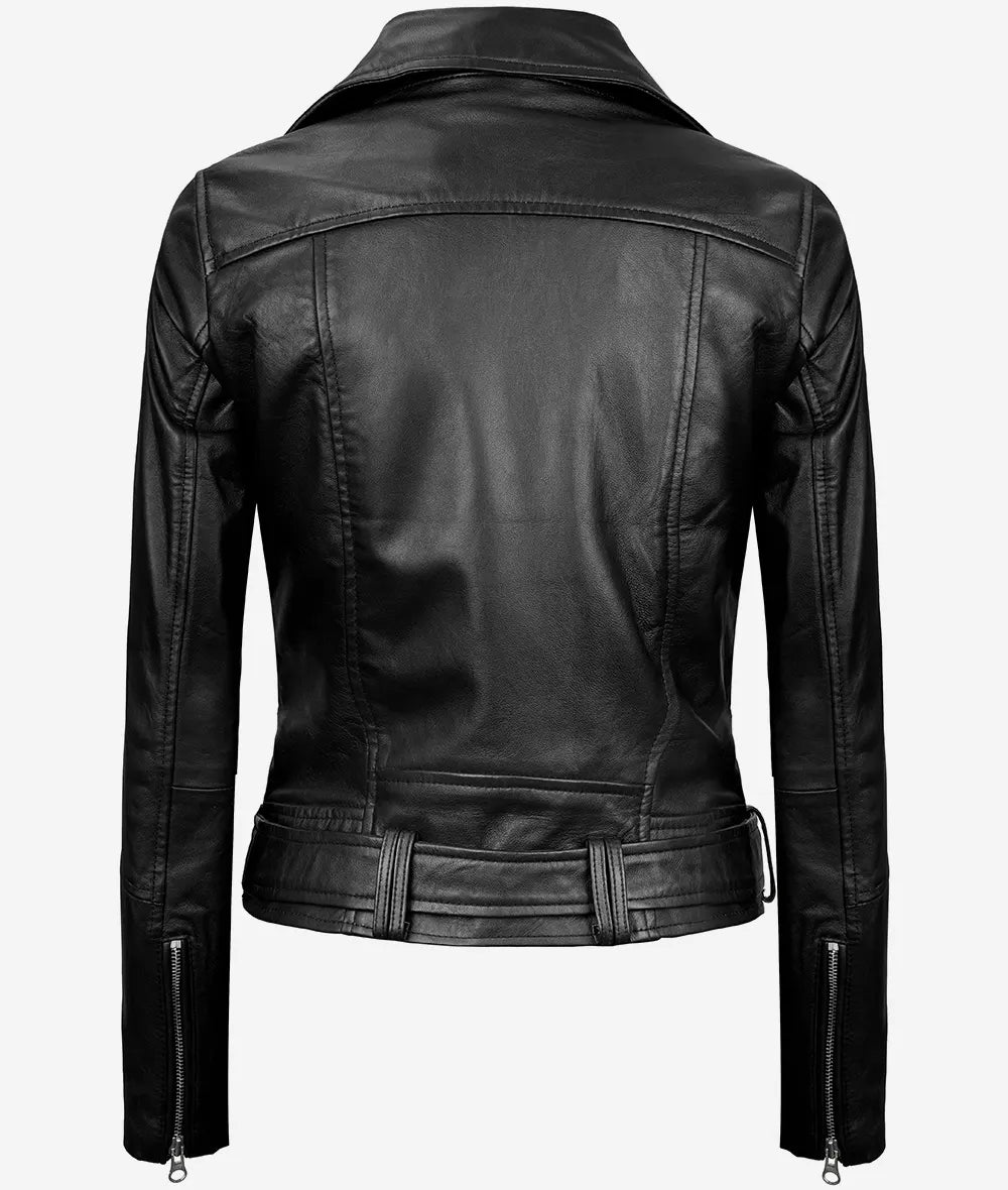 Women's Black Asymmetrical Belted Leather Moto Jacket