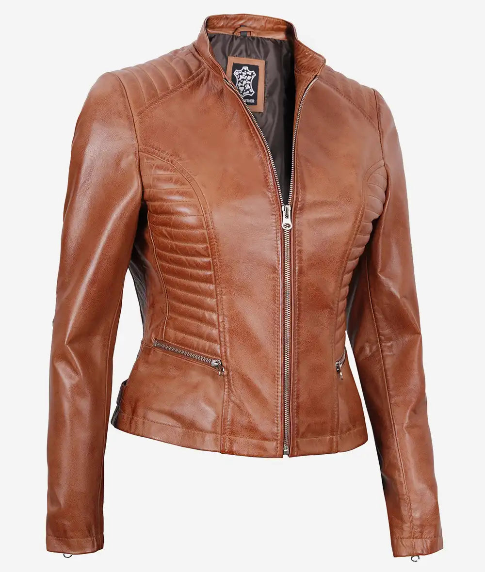 Women's Slim Fit Tan Brown Lambskin Leather Jacket