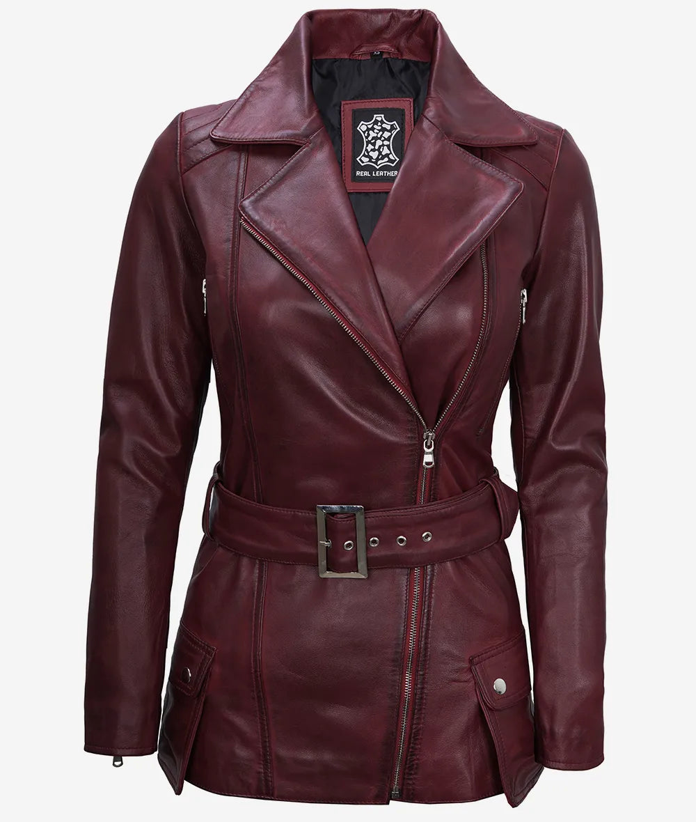 Women's Asymmetrical Maroon Belted Moto Leather Jacket