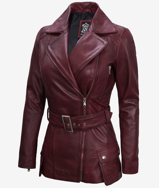 Women's Asymmetrical Maroon Belted Moto Leather Jacket