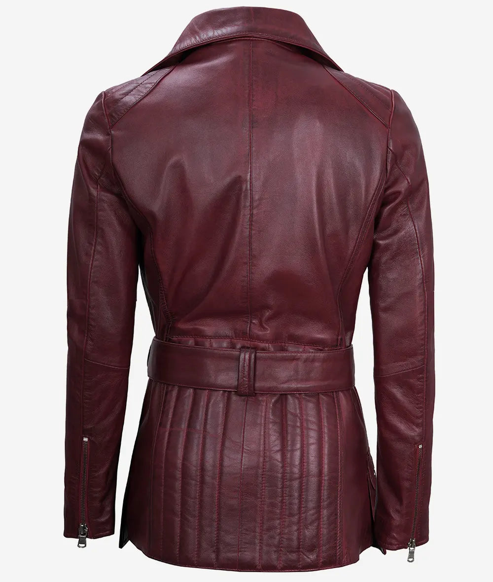 Women's Asymmetrical Maroon Belted Moto Leather Jacket