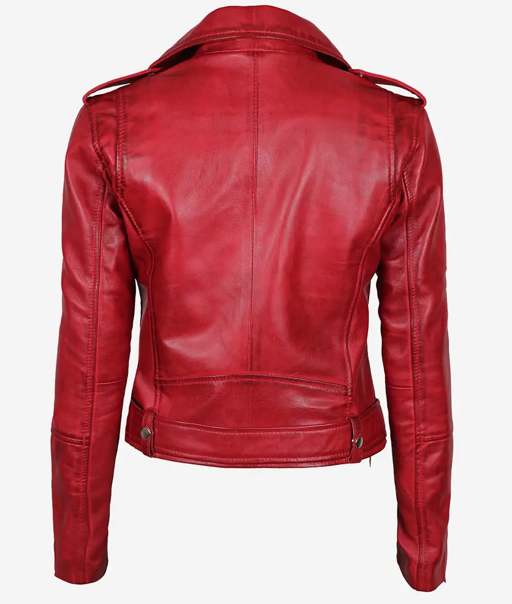 Women's Asymmetrical Belted Moto Red Leather Jacket