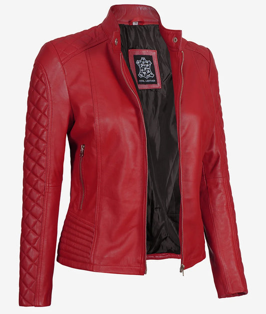 Women's Real Leather Red Quilted Cafe Racer Jacket