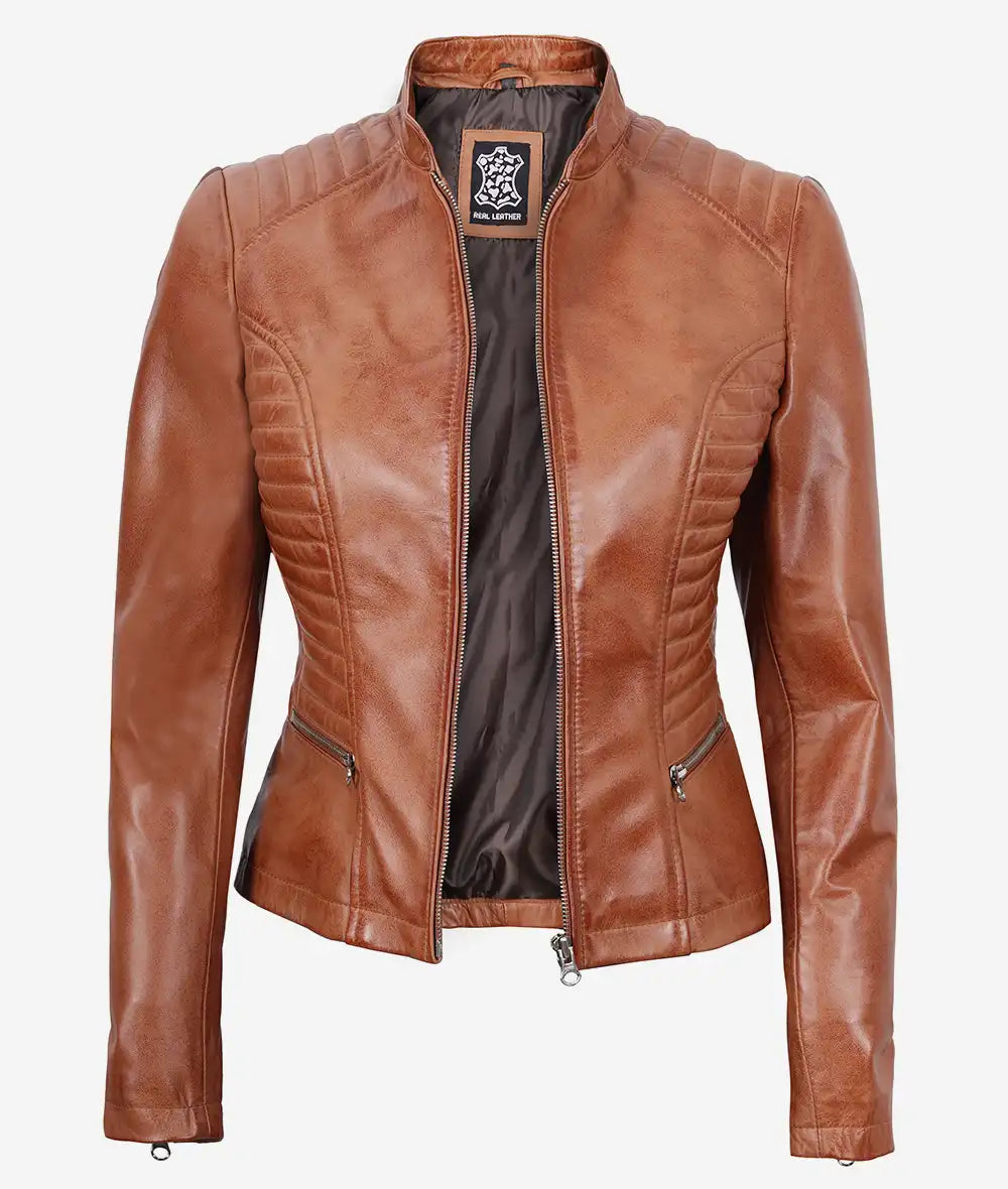 Women's Slim Fit Tan Brown Lambskin Leather Jacket