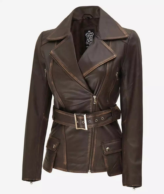 Women's Asymmetrical Rub Off Dark Brown Leather Belted Jacket